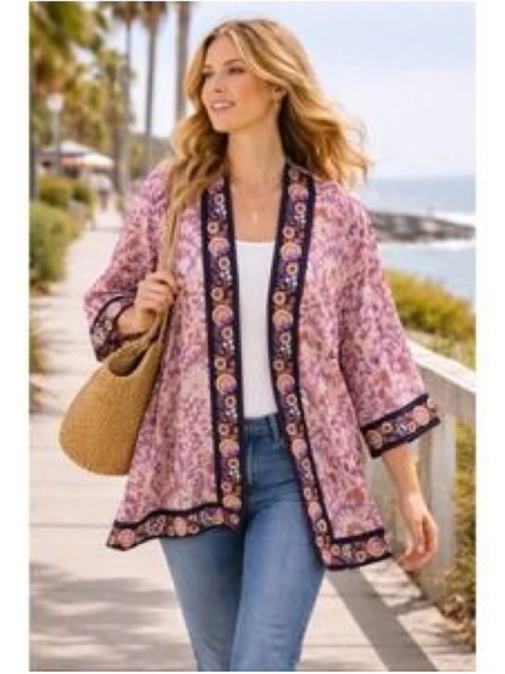J. Jill Pink Floral Kimono Cardigan with Navy Trim